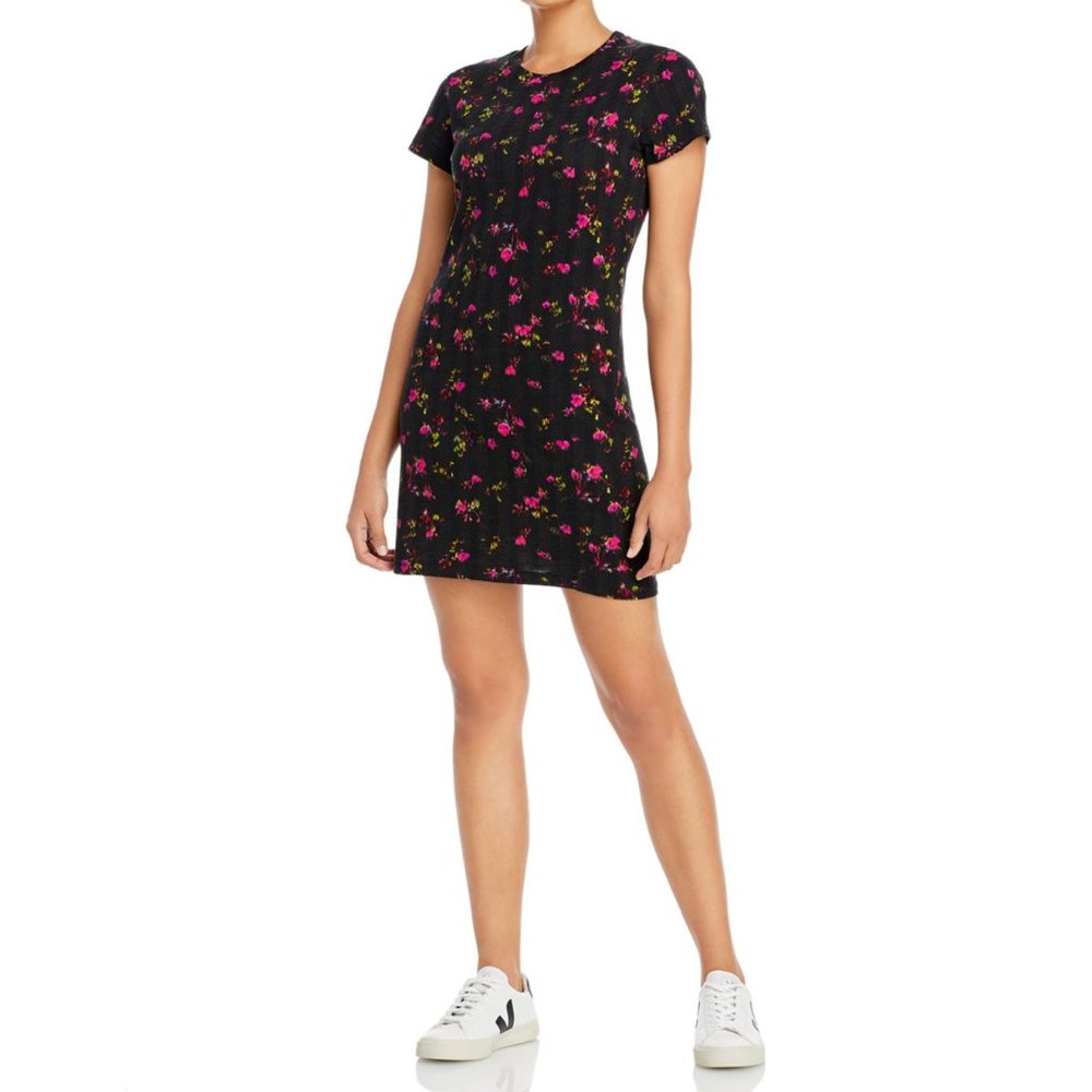 PAM & GELA Women Crewneck Short Sleeve Ditsy Floral Cotton Mini Dress Black